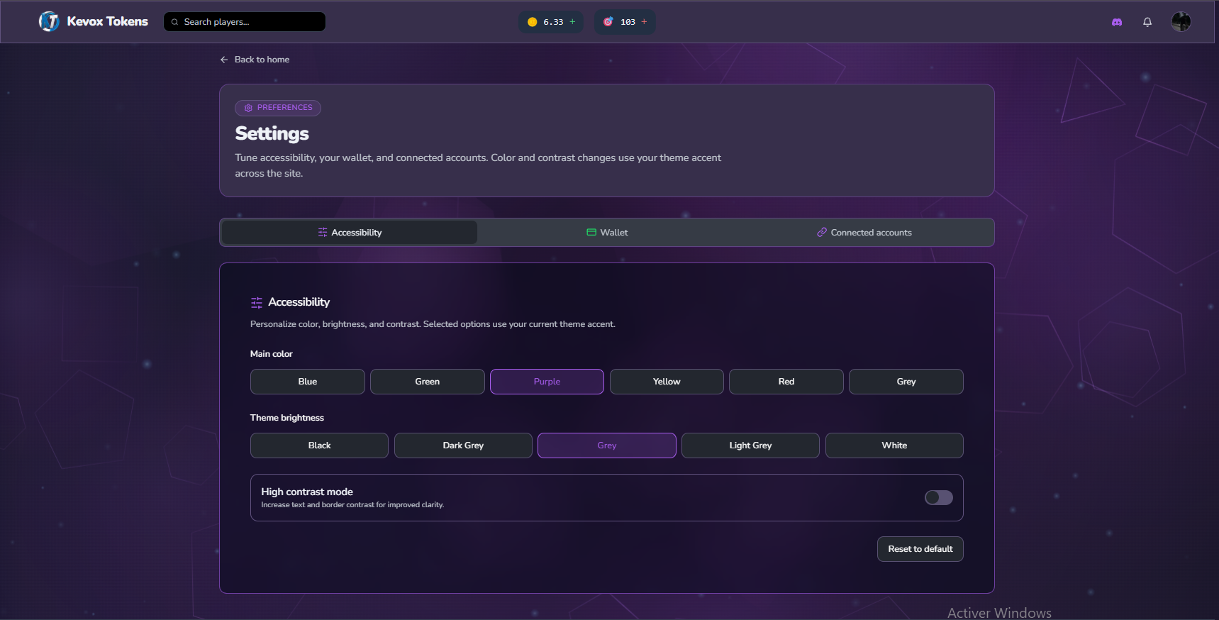 Kevox settings and accessibility page